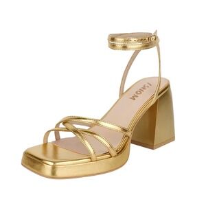 ISNOM Gold Metallic Strappy Platform Block Heel Sandals Square Toe US 10.5
